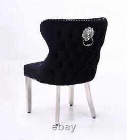 2 x Black Royal Lion Knocker Quilted Front Tufted Back Velvet Dining Chair