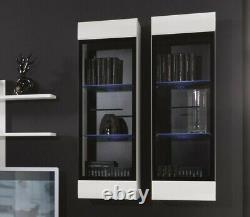 2 x White High Gloss Wall Display Cabinets Glass Door LED Lights Tall Unit Fever