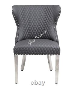 2Royal Grey PU Leather Lion Knocker Quilted Front Tufted Back Dining Chair