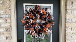 Adorable Orange Black White Halloween Fall Front Door Wreath, Patio Porch Wall D