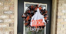 Adorable Orange Black White Halloween Fall Front Door Wreath, Patio Porch Wall D