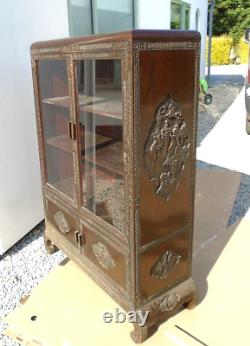Antique Chinese Heavily Carved Hardwood Glazed Display Cabinet Bookcase Cupboard