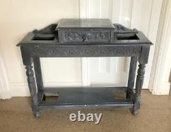 Antique Grey Painted Carved Front Green Man Stick Stand Hall Table With Drawer
