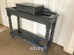 Antique Grey Painted Carved Front Green Man Stick Stand Hall Table With Drawer