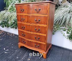 Antique Style Yew Wood Chest of Drawers Serpentine Front 5 Drawers Brass Pulls