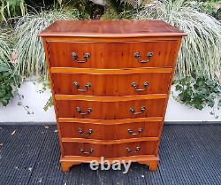Antique Style Yew Wood Chest of Drawers Serpentine Front 5 Drawers Brass Pulls