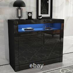Black 2 Doors Cabinet Sideboard Cupboard High Gloss Fronts Storage RGB LED Light