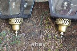 Black & Gold Matching Set Of 2 Vintage Heavy Lantern Chandeliers 3 Light Fixture
