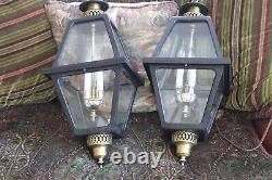 Black & Gold Matching Set Of 2 Vintage Heavy Lantern Chandeliers 3 Light Fixture