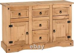 Corona Distressed Waxed Pine 2 Door 5 Drawer Storage Sideboard Metal Handles