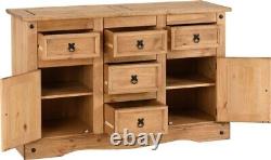 Corona Distressed Waxed Pine 2 Door 5 Drawer Storage Sideboard Metal Handles