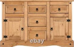 Corona Distressed Waxed Pine 2 Door 5 Drawer Storage Sideboard Metal Handles