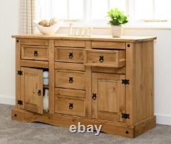 Corona Distressed Waxed Pine 2 Door 5 Drawer Storage Sideboard Metal Handles