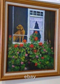 Dog Front Porch Flowers Signed original painting framed Nature Farm Canvas