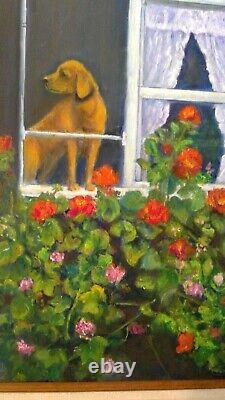 Dog Front Porch Flowers Signed original painting framed Nature Farm Canvas