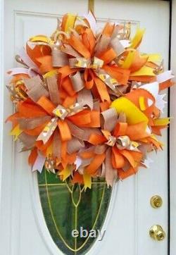 Fall Candy Corn Wreath for Front Door, Halloween Porch Wreath