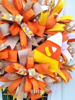 Fall Candy Corn Wreath for Front Door, Halloween Porch Wreath