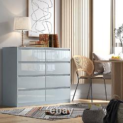 Grey 8 Drawer High Gloss Chest / Sideboard / Cabinet Handleless Sleek Design