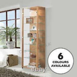HOME Tall Glass Display Cabinet Double Oak Effect 4 Shelves & Light