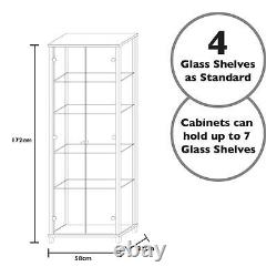 HOME Tall Glass Display Cabinet Double Oak Effect 4 Shelves & Light