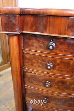 Large Antique Victorian bow front flame mahogany Scotch chest of drawers
