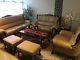 Mahogany & Gold Genuine Leather Italian 3 Sofas 2 Front Rest & Table Set