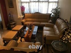 Mahogany & Gold Genuine Leather Italian 3 Sofas 2 Front Rest & Table Set