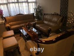 Mahogany & Gold Genuine Leather Italian 3 Sofas 2 Front Rest & Table Set
