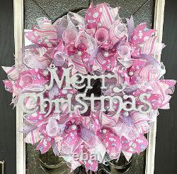 Merry Christmas Pink CandyDeco Mesh Front Door Wreath Porch Patio Entryway Decor
