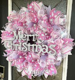 Merry Christmas Pink CandyDeco Mesh Front Door Wreath Porch Patio Entryway Decor