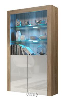 OAK Cabinet Sideboard Unit Cupboard Display High Gloss Doors With Free LED