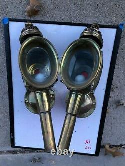 PAIR Vintage CARRIAGE Automobile Buggy Lamps LIGHTS Porch OLD Brass GLASS & Rare