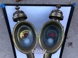 PAIR Vintage CARRIAGE Automobile Buggy Lamps LIGHTS Porch OLD Brass GLASS & Rare