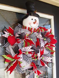 Snowman Christmas Deco Mesh Front Door Wreath Winter Porch Decor Decoration