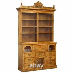 Victorian Library Burr Pollard Oak Library Bookcase Drop Front Secretaire Desk
