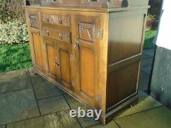 Vintage Carved Oak Court Cupboard Glazed Leaded Lite Cabinet Sideboard 2 Drawers