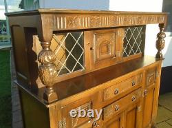 Vintage Carved Oak Court Cupboard Glazed Leaded Lite Cabinet Sideboard 2 Drawers