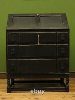 Vintage Gothic Black Painted Writing Bureau with Fall Front, Lockable drawers
