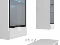 Wall Display Cabinets Glass Door LED Lights Tall 2 x Unit Set White Gloss Fever