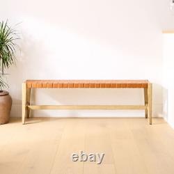 Wood Entryway Bench, Front Door Leather Strap Bench, Woven Leather Bench